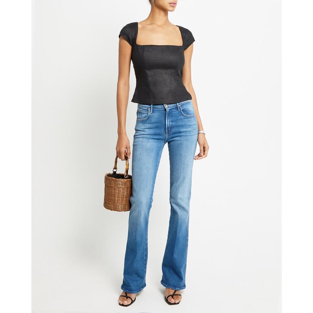 Kourt Nadia Square Neck Back Cutout Linen Top Cap Sleeves Solid Black Size 0 NWT